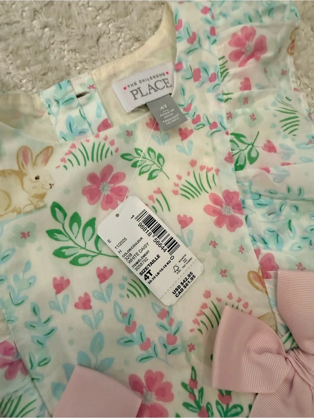 NWT - The Children's Place Pink Floral Bunny Ruffle Dress with Bows -Size 4T